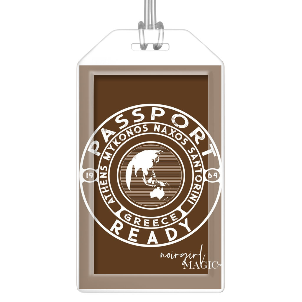 passport ready greece edition luggage tag chocolate brown | Noir Girl Magic