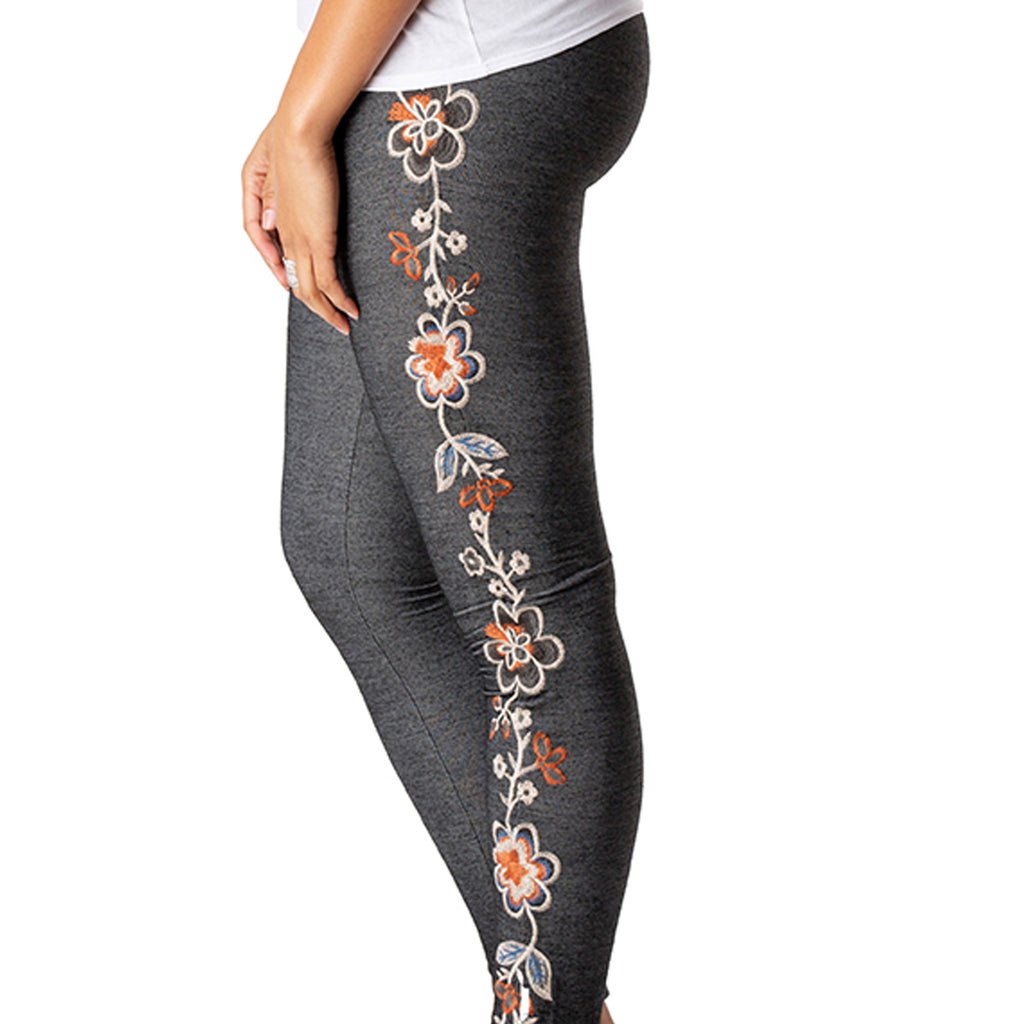 Floral Embroidered Stretchy Leggings-embroidery