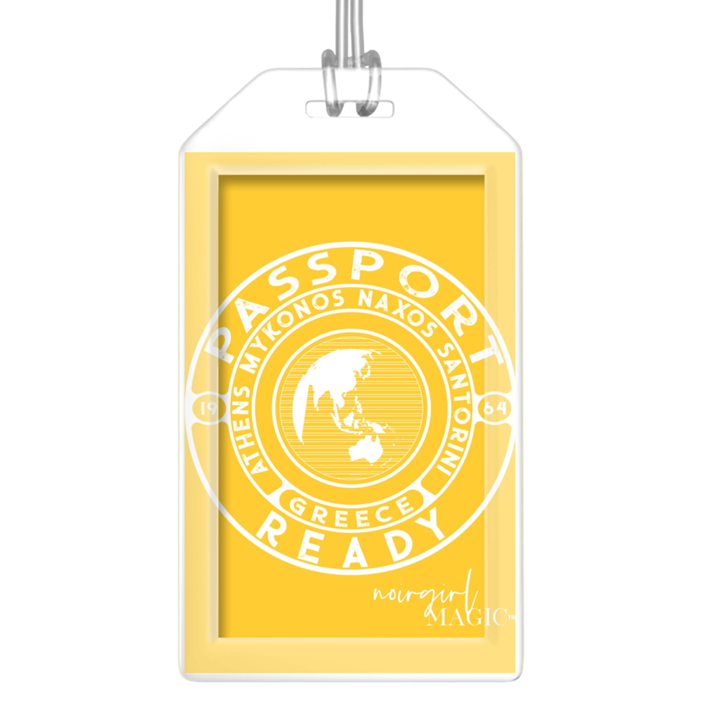 passport ready greece edition luggage tag yellow | Noir Girl Magic
